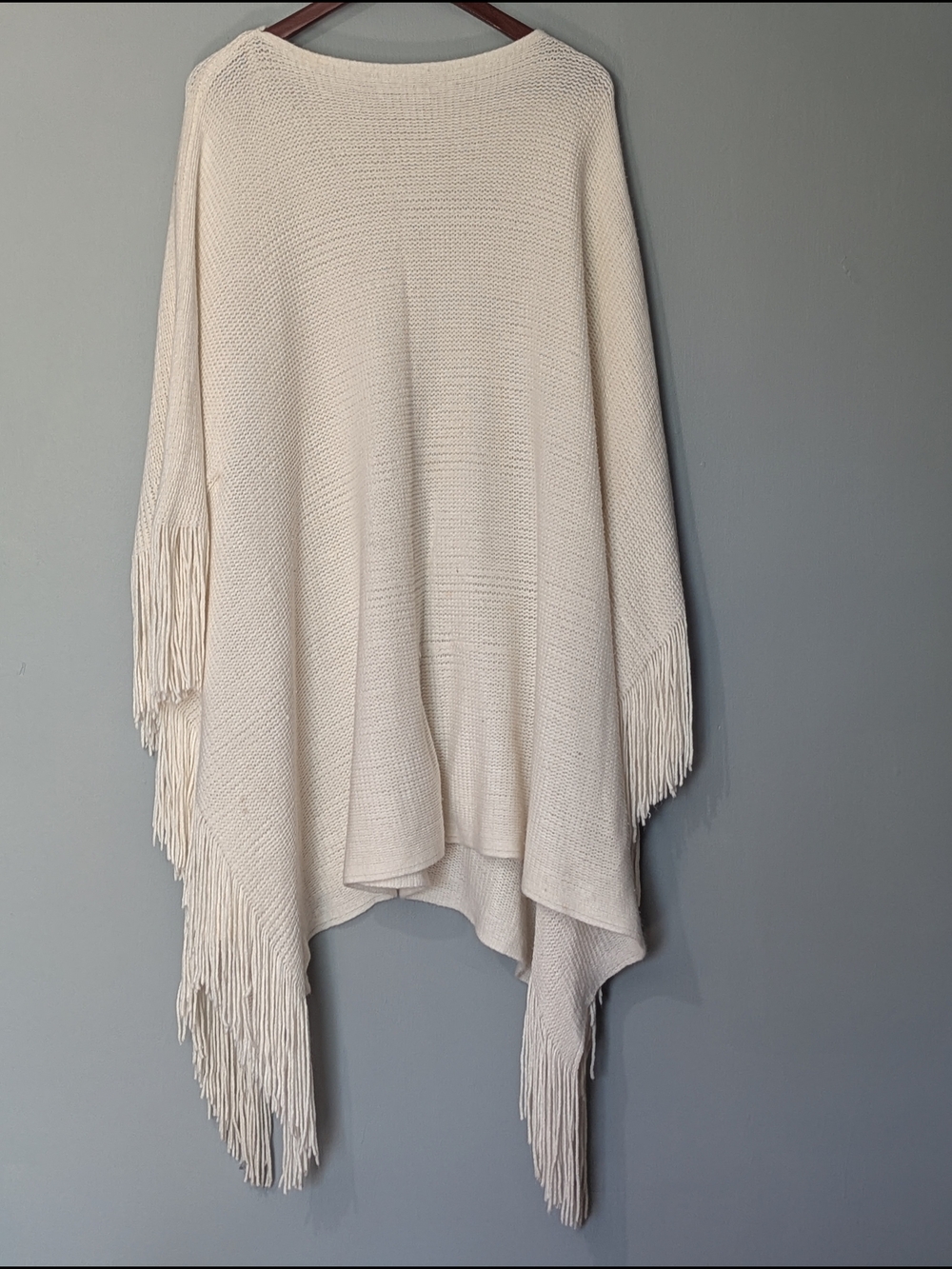 Melissa Mccarthy Seven7 Women's Ivory Cream Fringe Knit Ruana Poncho Sweater